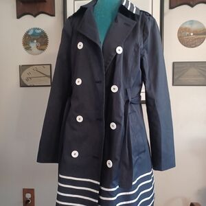 Pelle Studio Nautical Navy Blue Striped Trench Coat - Women's Large